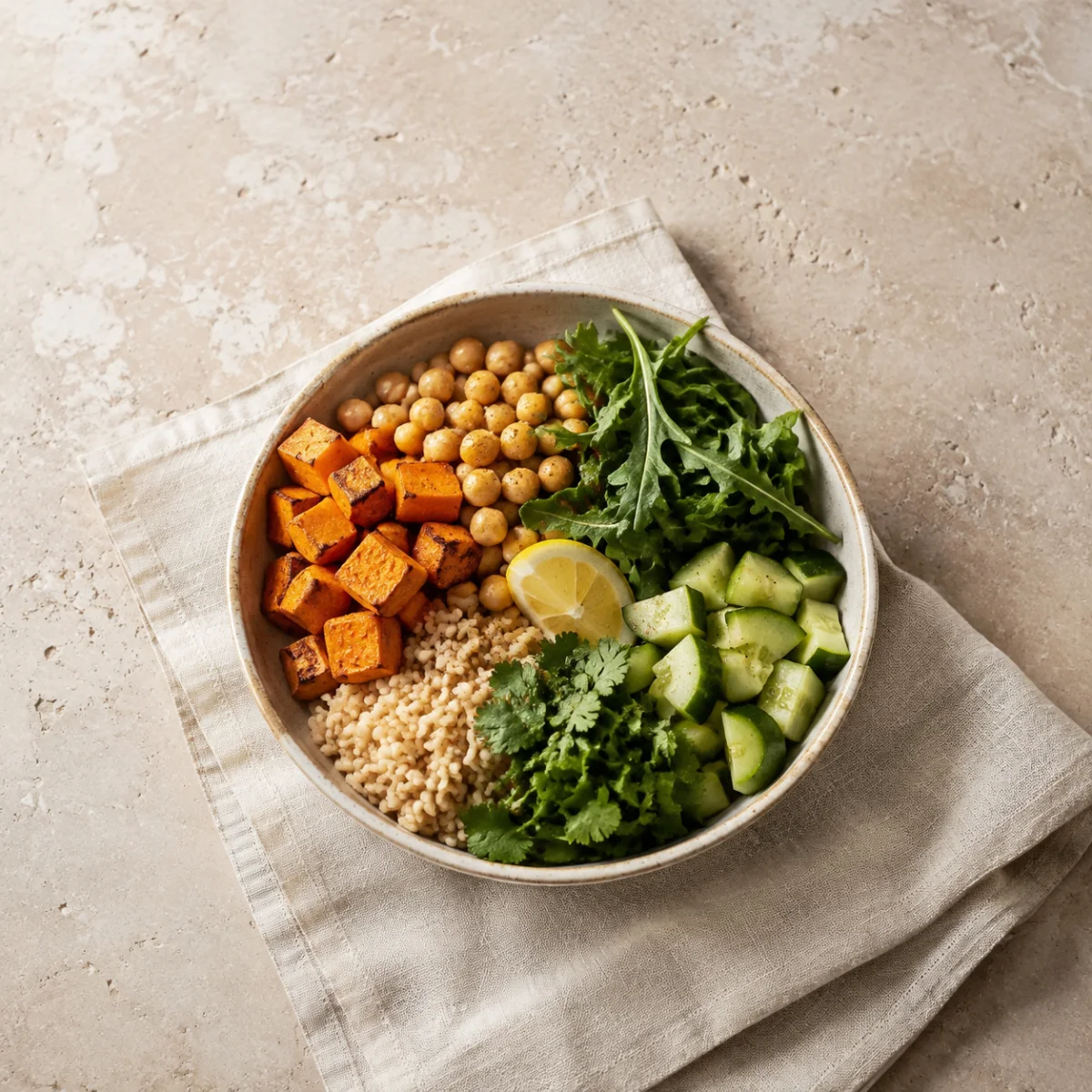 A grain bowl with sweet potato, chickpeas, greens, cucumber, and rice
